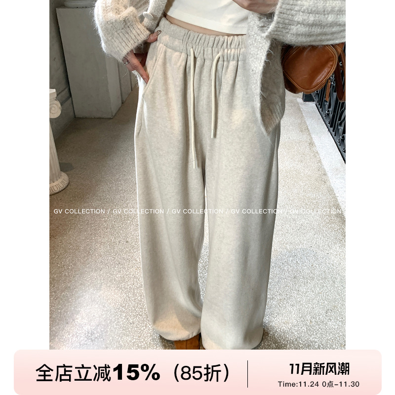 加厚绒感毛呢松紧腰抽绳休闲裤