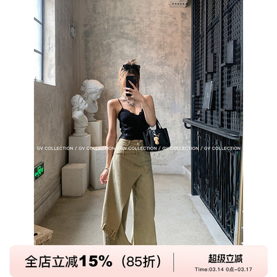 GV大白哥 高阶私服 设计裁片斜边不规则牛仔裤直筒宽松休闲长裤女