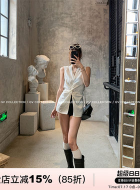 GV大白哥 棉麻随性感 纽结立体V领收腰无袖背心透气修身上衣女夏
