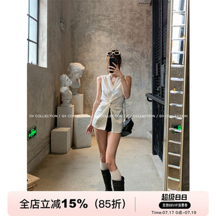 GV大白哥 棉麻随性感 纽结立体V领收腰无袖背心透气修身上衣女夏