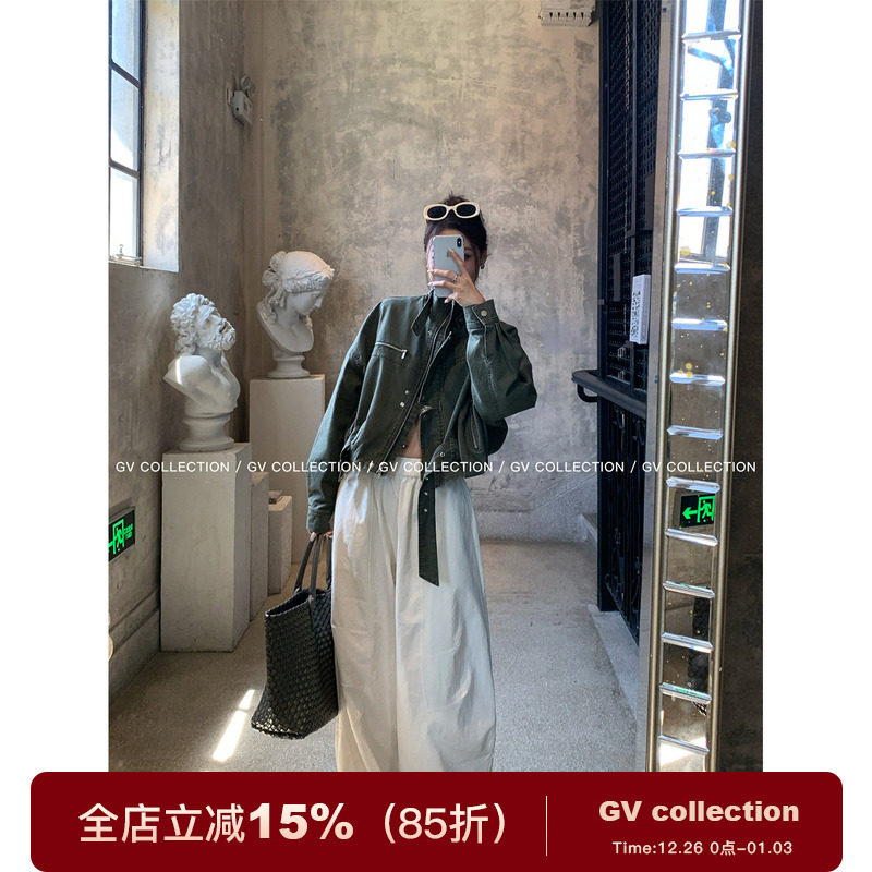 GV大白哥 美式机车 水洗做旧军绿牛仔机车外套秋季新款上衣百搭女 - 封面
