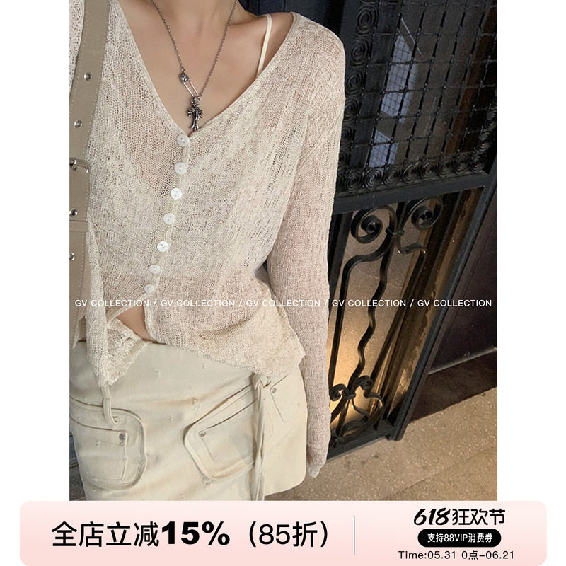 GV大白哥 透气清冷 天丝亚麻针织防晒镂空纽扣开衫微透V领上衣女