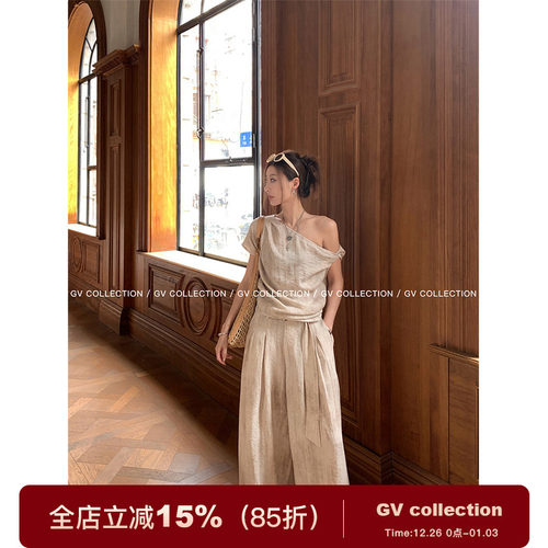 GV大白哥 私服工艺党 炒色斜肩短袖休闲T恤上衣阔腿休闲裤套装女