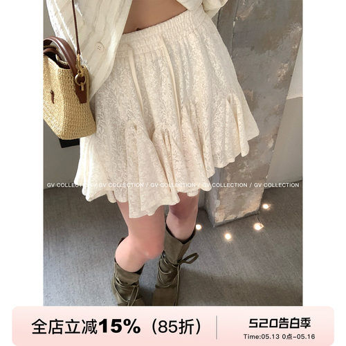 miu系蕾丝百褶弹力抽绳半身裙