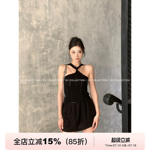 GV大白哥 美式骨感 交叉削肩镂空肌理感冰丝背心设计感女夏上衣