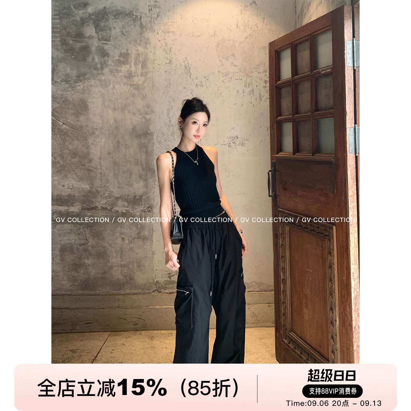 GV大白哥 早秋万金油 抽身松紧腰工装直筒口袋休闲裤设计感裤子女