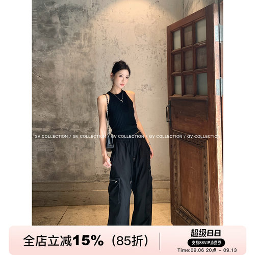 抽身松紧腰工装直筒口袋休闲裤