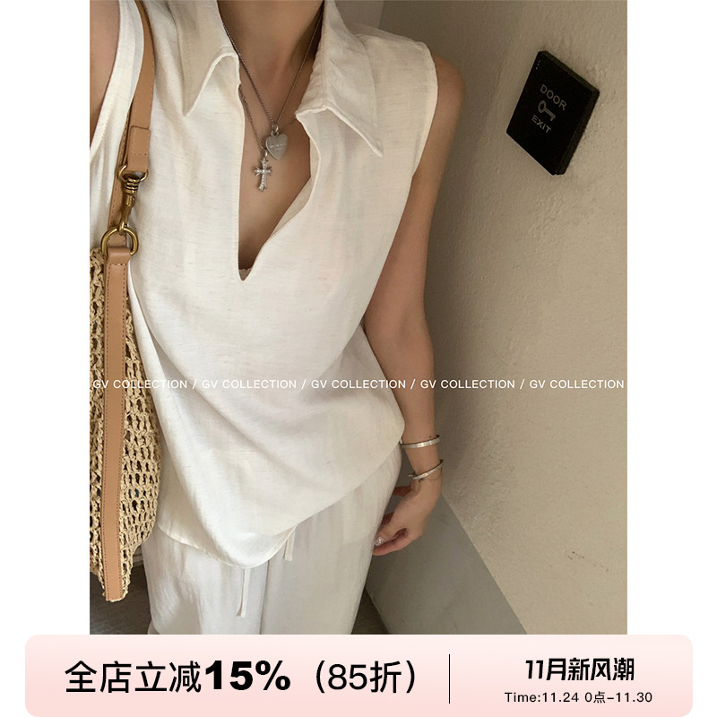 GV大白哥 老钱taste 白色翻领v领无袖上衣衬衫长裤简约棉麻套装女
