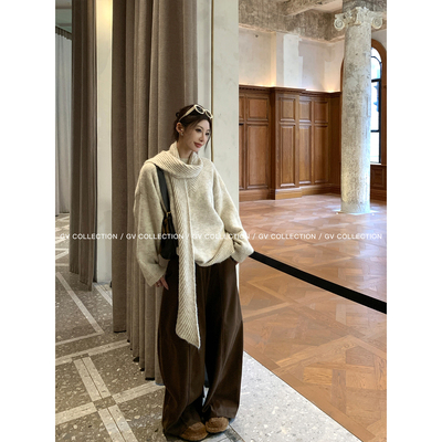 带围巾立领羊毛毛衣两件套