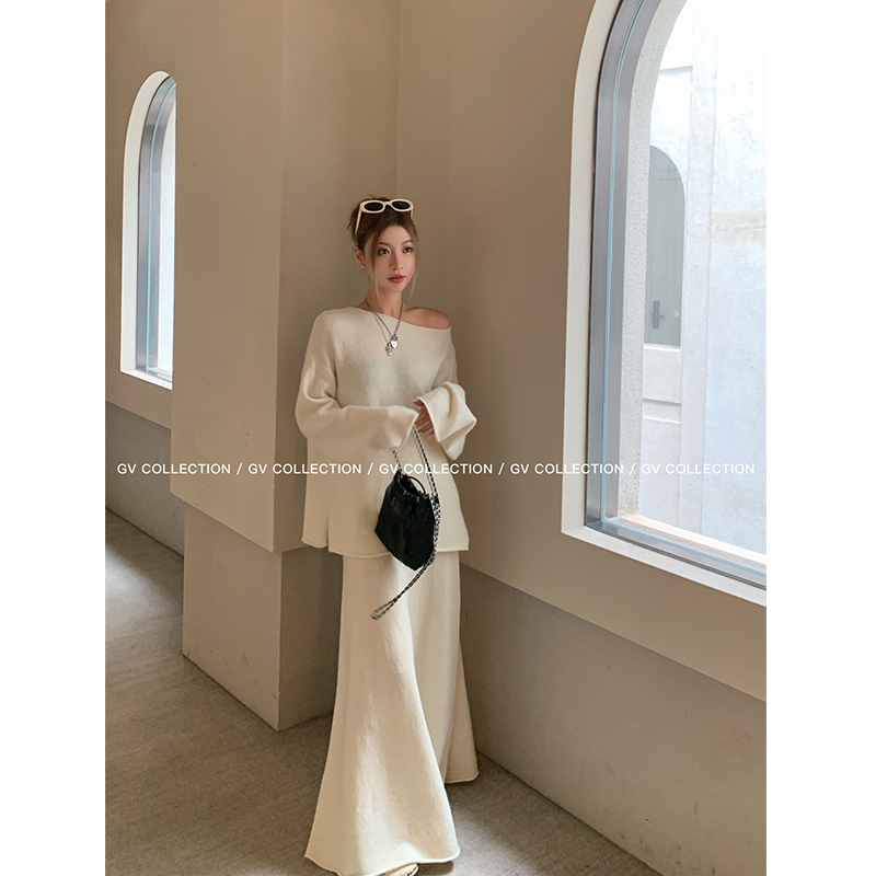 GV大白哥温柔白茶 慵懒版型细闪片宽松针织衫上衣半身长裙套装女