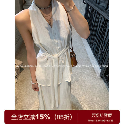 GV大白哥 高智日常 亚麻马甲收腰背心褶皱垂坠感直筒半裙套装女