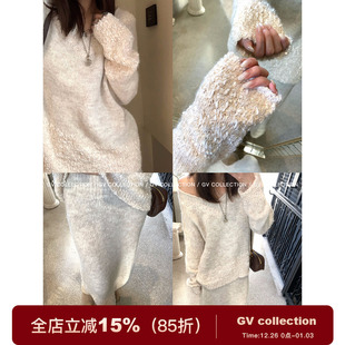 新款 V领立体编织毛衣半身裙套装 设计感小众女 肌理拼接 GV大白哥