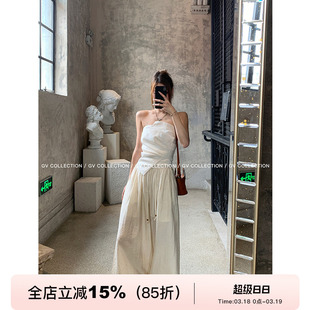 GV大白哥 老钱casual 亚麻透气度假风阔腿休闲裤抽绳宽松长裤女