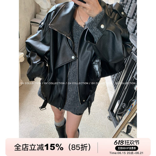 GV大白哥 独线匠心 质感J佳翻领廓形皮衣街头风简约外套上衣女