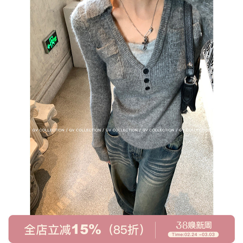 GV大白哥 简约都市 撞色polo翻领针织上衣慵懒风百搭小衫女内搭