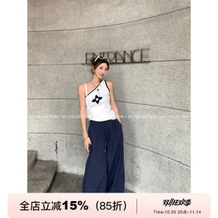 运动宽松休闲长裤 GV大白哥 裤 藏蓝抽绳阔腿直筒工装 女 拉夫夏日