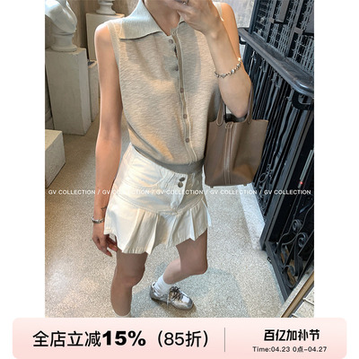 多色polo领无袖轻薄针织上衣