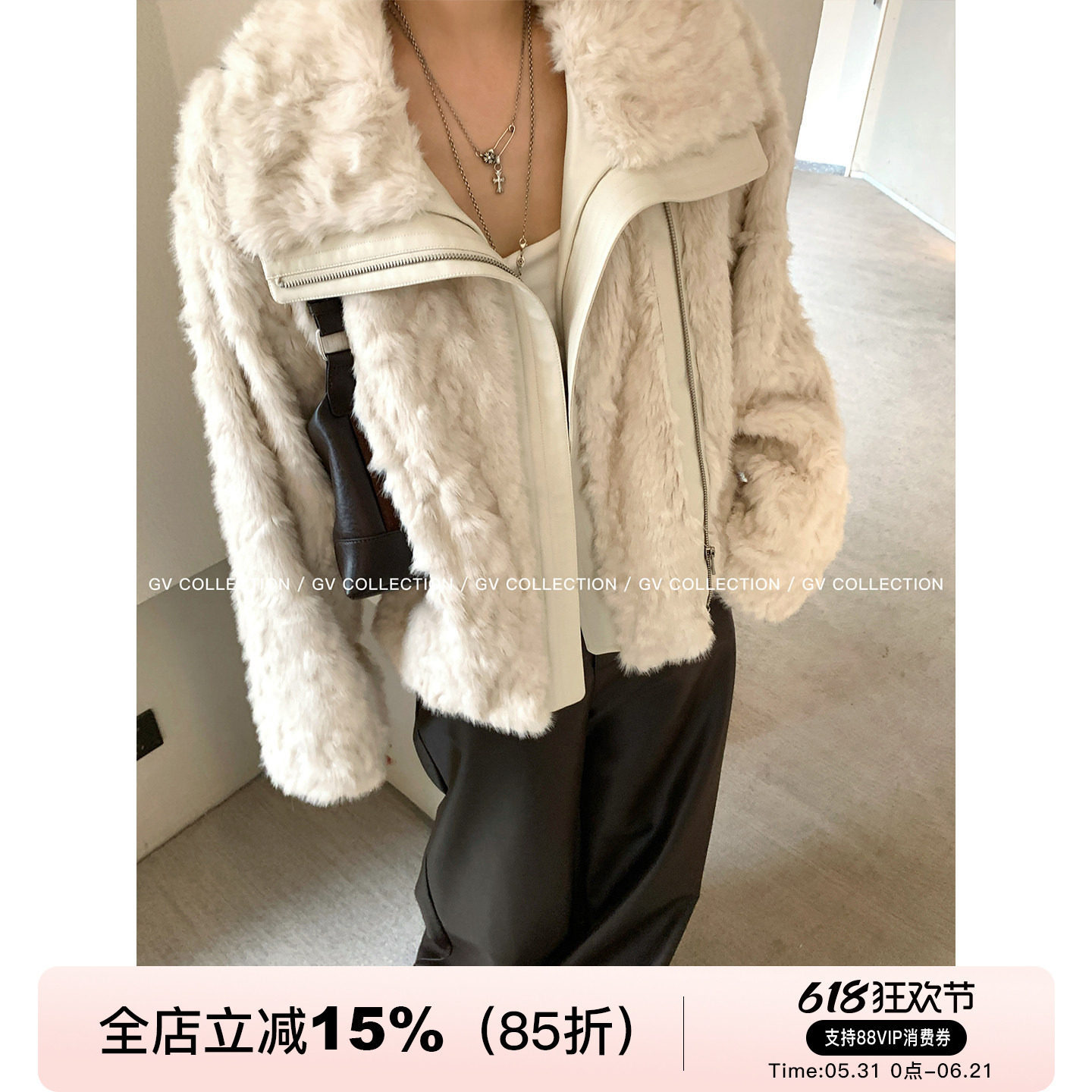 GV大白哥 东京买手 设计感环保毛拼皮翻领夹克外套冬季新款上衣女