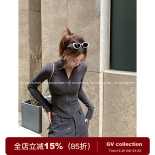 开衫 GV大白哥 上衣小立领收腰长袖 弹力拉链修身 外套女 显瘦王者