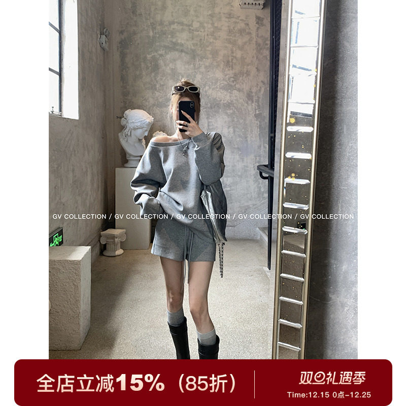 GV大白哥 美式松弛 chic大领口慵懒风卫衣松紧腰抽绳短裤套装女