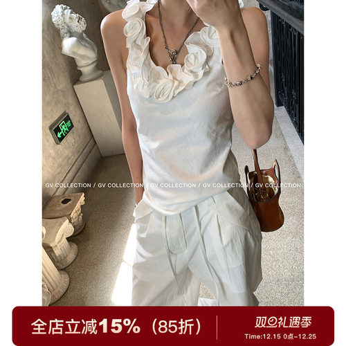 GV大白哥 顽皮法式 小众风格立体花朵无袖背心夏日休闲出街上衣女