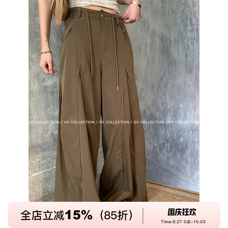 夏日轻薄阔腿抽绳设计感工装裤
