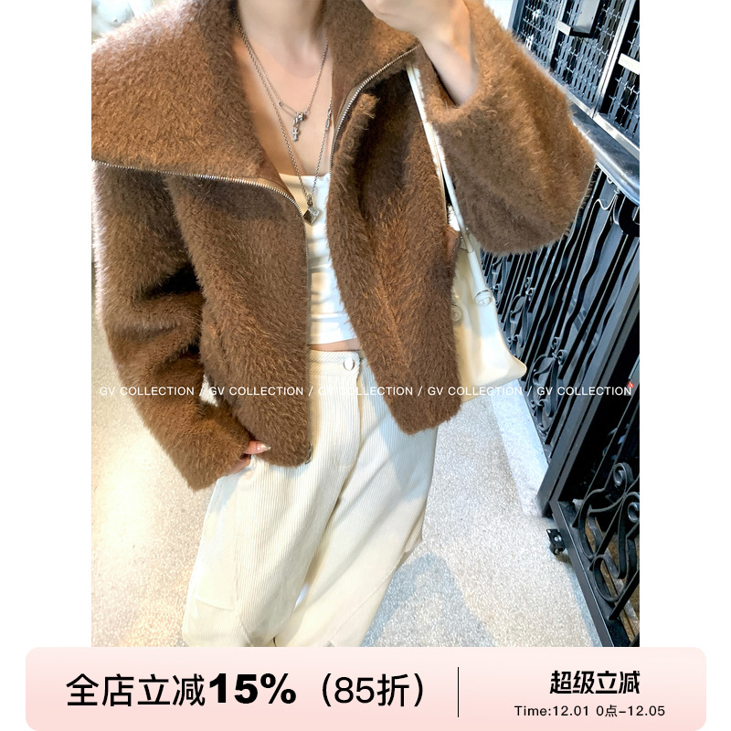 大翻领绒绒环保毛短款外套上衣