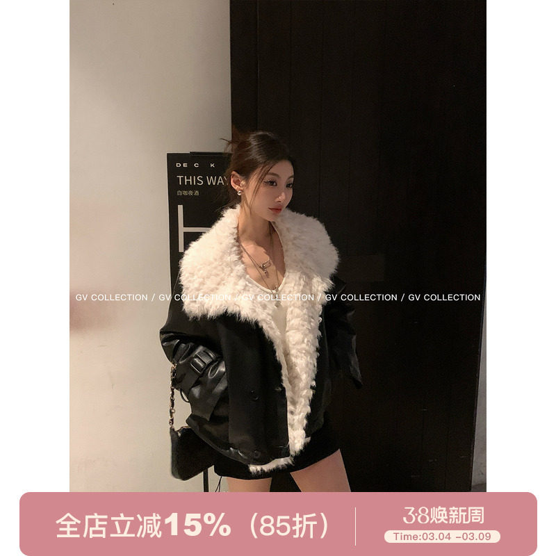 GV大白哥 90‘美式贵风环保滩羊毛大毛领皮衣加棉外套上衣冬保暖