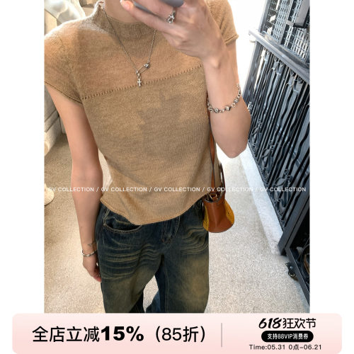设计感中领羊毛针织短袖上衣