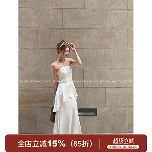 GV大白哥 奢简氛围 缎面腰部皱褶收腰抹胸光泽感半身裙人鱼姬套装