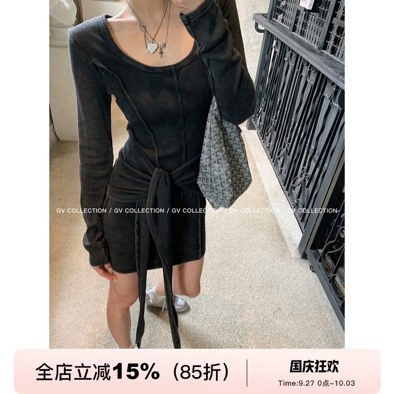 水洗做旧炭灰腰带屁帘收腰连衣裙