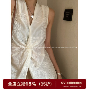无袖 刺绣v领扭结休闲小背心夏日韩式 上衣女 松弛天丝 GV大白哥