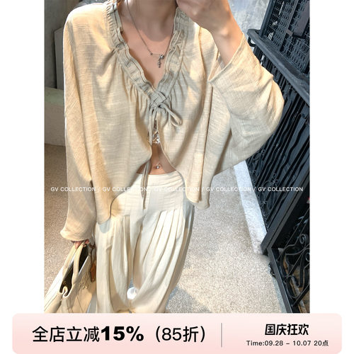荷叶边抽绳新中式衬衫亚麻罩衫