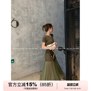 GV大白哥 天絲網紗拼接短袖 連衣裙親膚舒適修身 長裙女 jennie靈感