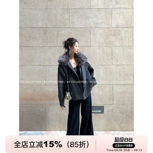 毛领可拆卸夹棉翻领立领呢子外套