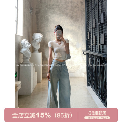 肌理针织蕾丝拼接修身短袖上衣