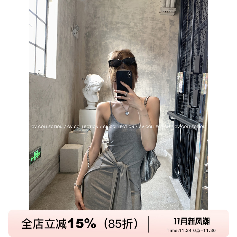 GV大白哥 元气夏日 设计感小众带胸垫系腰假两件连衣裙吊带裙女夏