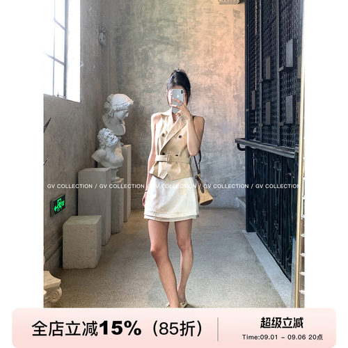 翻领双排扣系带无袖风衣马甲