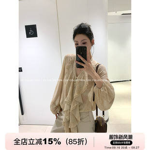 GV大白哥 南法Safari 垂感雪纺荷叶飘带V领长袖衬衫秋季上衣