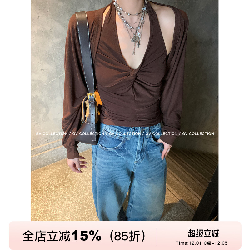 挂脖露背吊带开衫披肩两件套