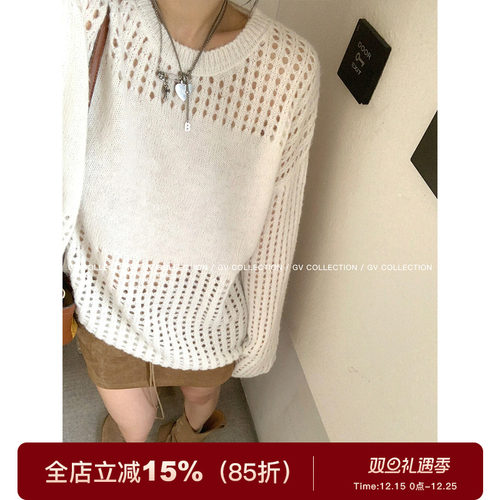 清透早秋圆领设计感镂空毛衣