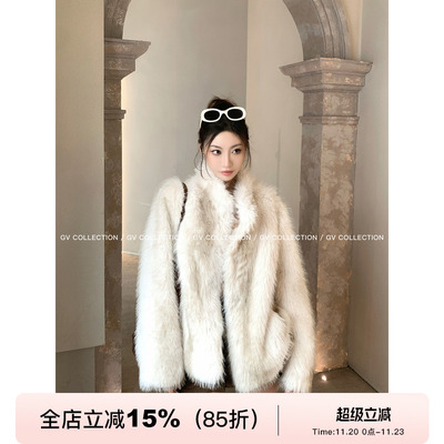 翻领环保仿狐狸毛外套大衣