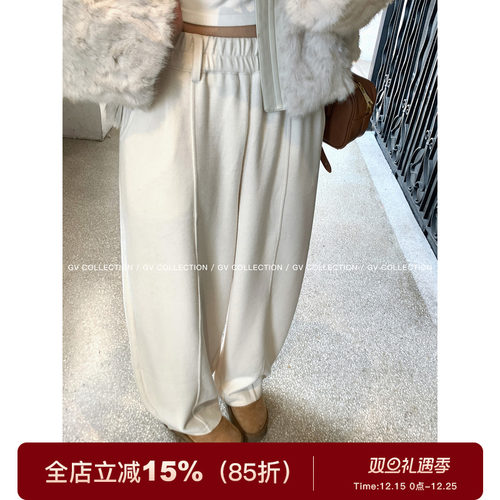 直筒宽松镰刀松紧腰毛呢休闲裤