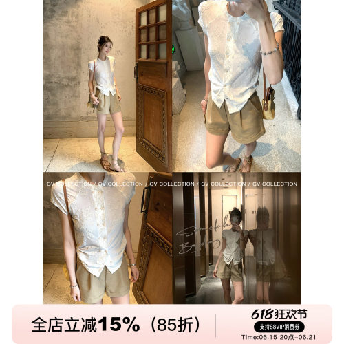 双排扣立体肌理短袖轻薄T恤上衣