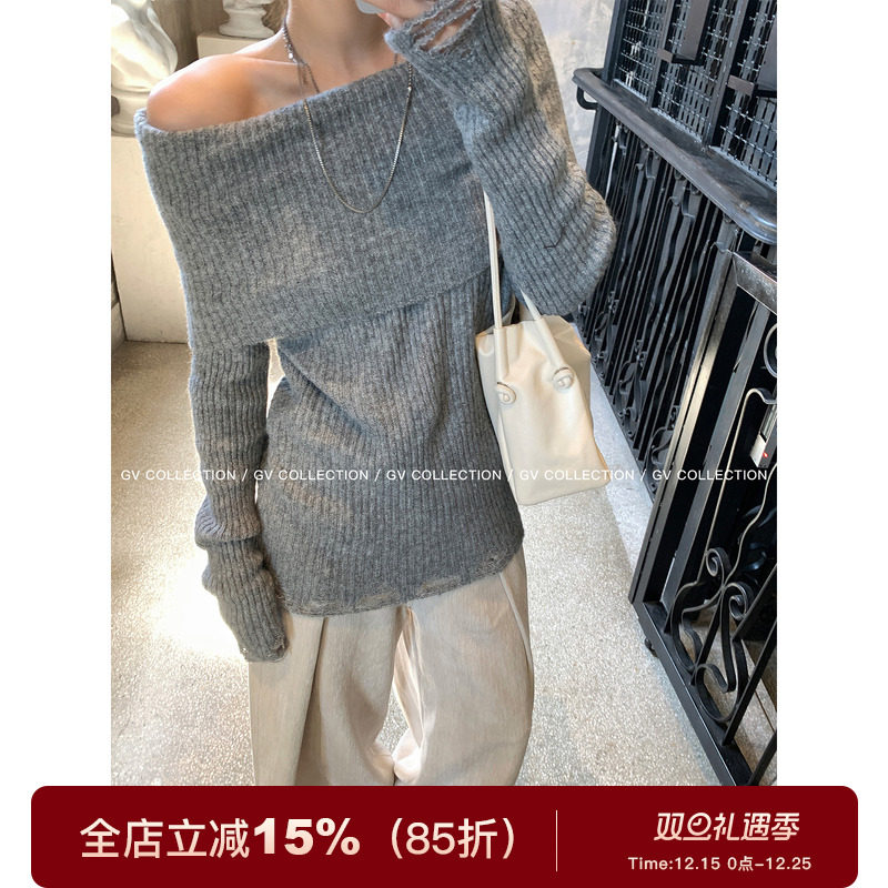 一字肩翻领撕破设计感针织上衣