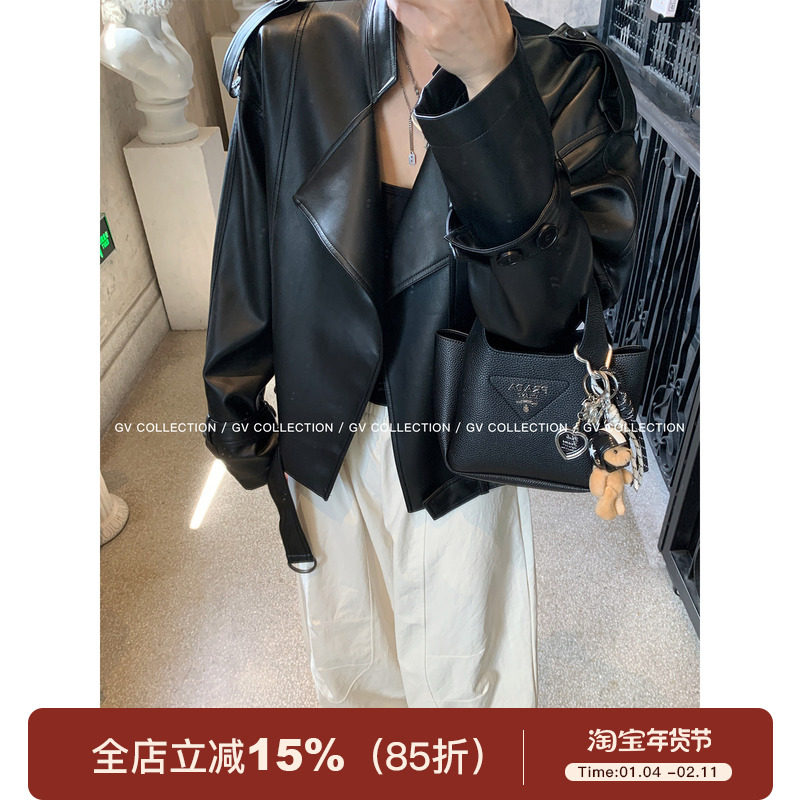 GV大白哥 飒感classics 翻领机车皮衣上衣短外套pu皮秋季新款百搭,女装/女士精品,皮衣,淘宝优惠券,粉丝福利购,淘宝优惠卷