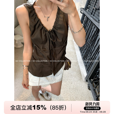 天丝亚麻褶皱设计感抽绳背心无袖