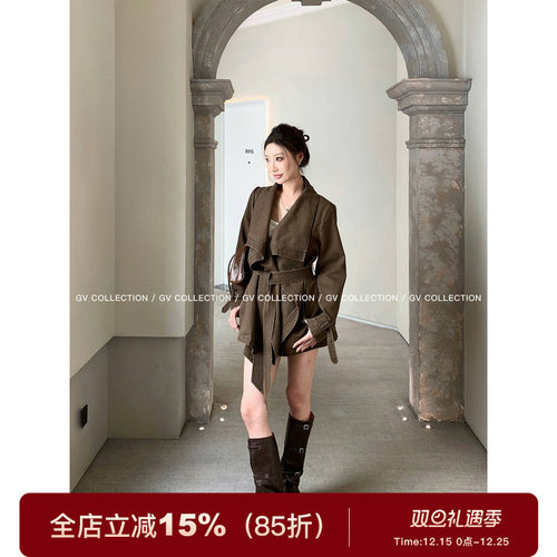 不规则大翻领系带牛仔外套