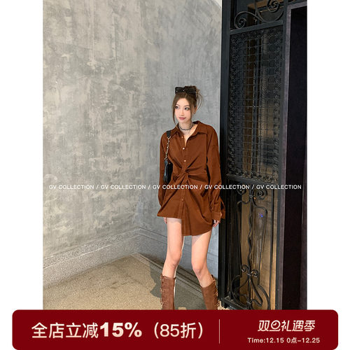 GV大白哥 Spring焦糖 不规则设计感立体纽结衬衫休闲长袖上衣女秋