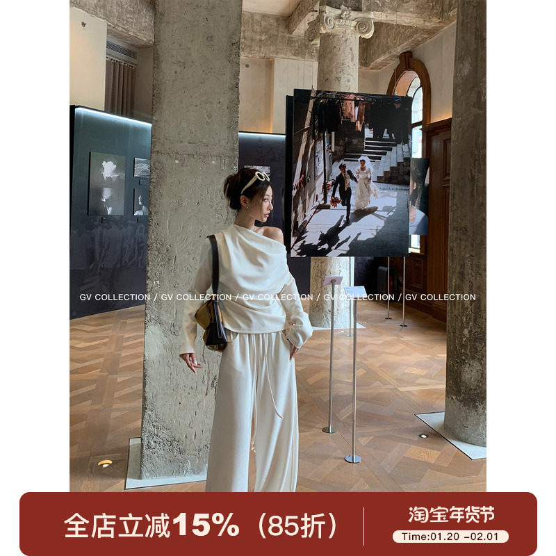 GV大白哥 松弛舒适区 斜肩空气棉感卫衣阔腿裤套装秋季新款百搭女,女装/女士精品,时尚套装,淘宝优惠券,粉丝福利购,淘宝优惠卷